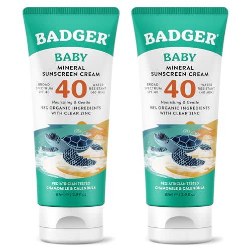 Badger Mineral Baby Sunscreen Cream SPF 40, 98% Organic Toddler Sunscreen with Zinc Oxide, Broad Spectrum, Reef Safe, Water Resistant, Pediatrician Tested Baby Sunblock, 2.9 fl oz, 2-Pack
