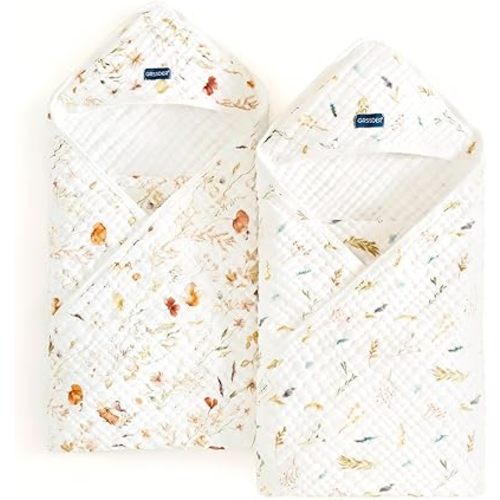 GRSSDER Ultra Soft Absorbent Muslin Cotton Baby Hooded Towel 2 Pack with Original Patterns, Extra Large Size 35"x 35" Swaddle Wrap for Newborn Infant and Toddler