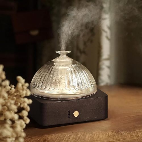 Glass Dome Essential Oil Diffuser with Glass Reservoir & Wood Base-No Plastic, 200ml Ultrasonic Diffuser for Aromatherapy with Timer 7 Color Light Auto-Off for Home Office Yoga Pilates