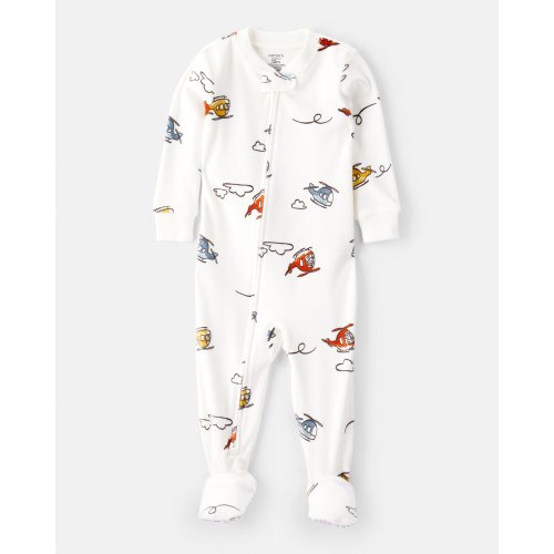 Baby Boy Helicopter Print DreamPlush Snug Fit Long-Sleeve 2-Way Zip 1-Piece Pajamas - White - Carter's | Carter's