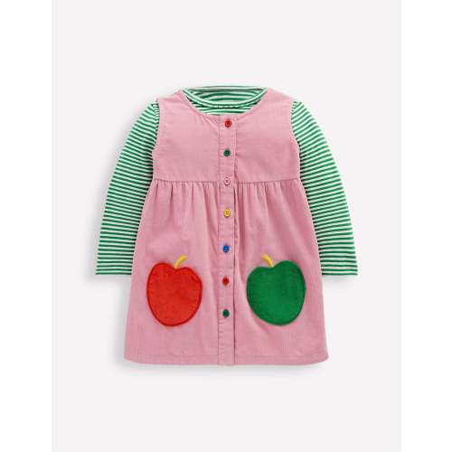 Woven Pinny Dress Set-Pink Apple