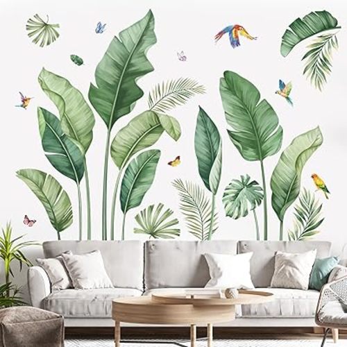 Decalmile Tropical Palm Leaves Wall Decals - Nature Banana Leaf Green Plants Birds Wall Art Stickers for Living Room Sofa TV Background Decor