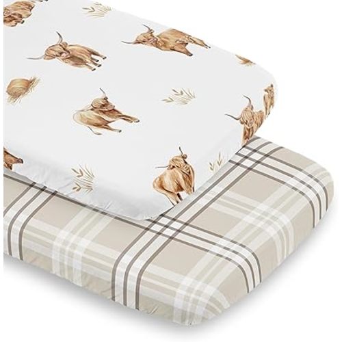 Sweet Jojo Designs 2-Piece Baby Bassinet Sheets Set (Boho Highland Cow) for Girls/Boys, Infant Newborn Nursery, Oval, Rectangle & Hourglass Mattress (Taupe Plaid & Farm Animal, Watercolor, Farmhouse)