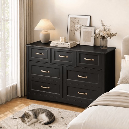 Aiho 47" 7 Drawer Modern Wooden Dresser, Storage Chest with 4 Large & 3 Small Drawers, Metal Pull Handles and Anti-Tip Safety Design for Bedroom Entryway Hallway