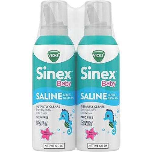 VICKS Sinex Baby Saline Nasal Spray, Drug Free Gentle Nasal Mist, Instantly Clears Everyday Stuffy Little Noses, Soothes & Hydrates, Safe For Daily Use, Gentle For All Ages, 5 OZ x 2