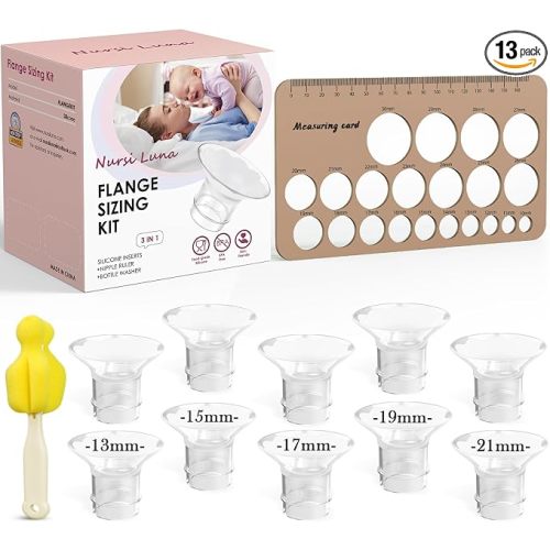 Nursi Luna Flange Sizing Kit for 24mm Breast Pumps, 10PCS | 13/15/17/19/21mm Flange Inserts, Nipple Measurement Tool, Fit Electric & Manual Pumps, Soft Silicone, Comfortable Pumping