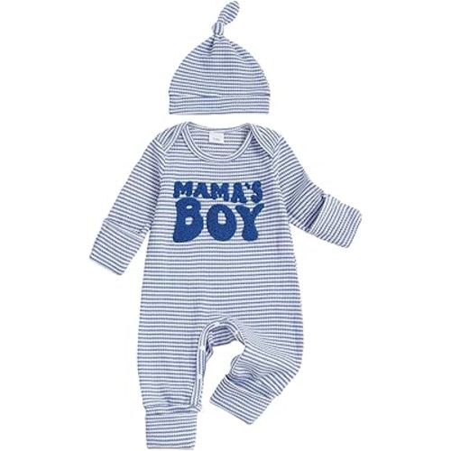 SAYOO Newborn Baby Boy Romper Clothes 3 6 12 18 Months Fall Winter Coming Home Outfit Mama's Boy Embroidery Waffle Romper