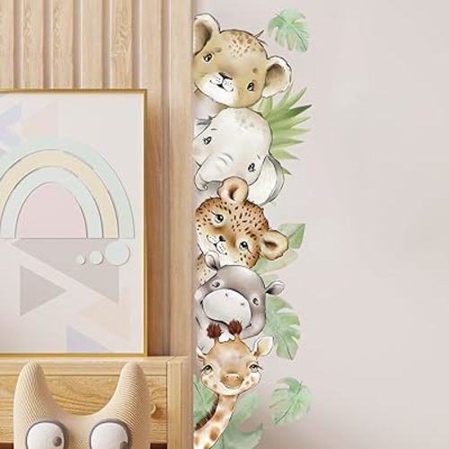 55.12 x 15.75 InchWatercolor Jungle Animal Wall Decals Tiger Elephant Zebra Giraffe Hippo Forest Wall Stickers Removable Peel and Stick Stickers for Baby Nursery Playroom Bedroom Classroom