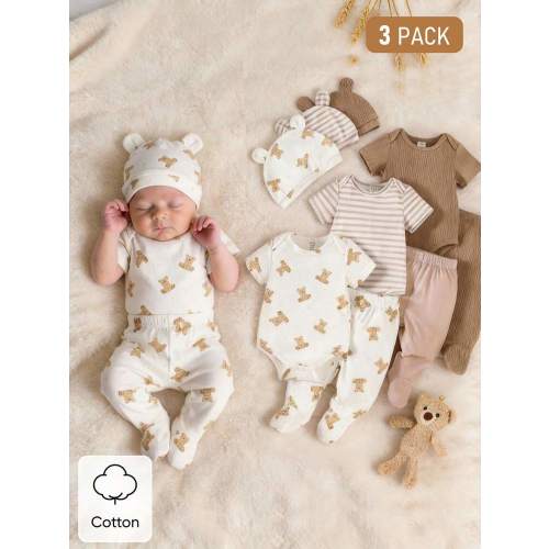 3pcs/Set Newborn Unisex Cute Bear & Ribbed Pattern Cotton Outfit, Short Sleeve Bodysuit, Pants, Hat, Soft & Comfortable, Suitable For Parties, Family Gatherings, Playtime Neutral Baby Clothes Unisex Baby Clothes Cotton Baby Clothes Newborn Outfits Newborn