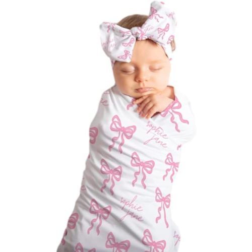 Personalized Pink Bow Baby Girl Blanket,Personalized Baby Swaddle Blanket for Girls,Custom Name Newborn Swaddle Wrap with Bow Headband & Hat Set,Custom Baby Blanket