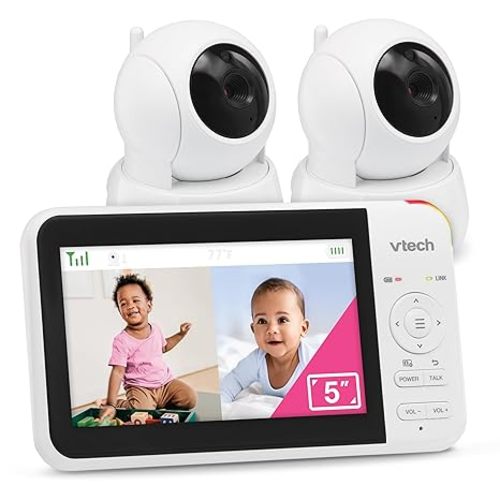 VTech VM924-2 Remote Pan-Tilt-Zoom Baby Monitor with 2 Cameras & Audio,5" LCD Screen,Up to 17Hrs Video Streaming&31Hrs Battery for Audio,Night Vision,1000ft Range,Soothing Sounds,Temperature Sensor