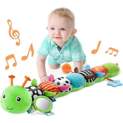 LIGHTDESIRE Baby Toys Musical Caterpillar,Infant Toys Stuffed Animals with Ruler Design,Mirror,Pull String&Ring Bell,Baby Teething Toys for Tummy Time Toys Newborn Gift 3 6 12 Months(Green,Leafy Limb)