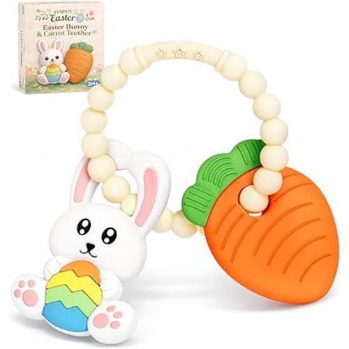 Easter Baby Teething Ring Toys – Bunny Easter Egg & Carrot Teethers for Newborns, Infants & Toddlers – Sensory Chew Bracelet for Teething Relief – Perfect Baby’s First Easter Basket Stuffers