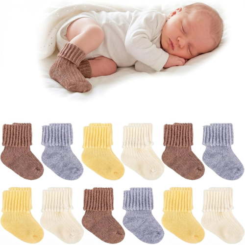 12 Pairs Baby Wool Socks Soft Winter Warm Turn Cuff Wool Sock for Preemie Premature Newborn Boys Girls Hospital Nicu