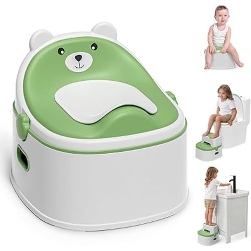 3-in-1 Potty Training Toilet, Portable Potty, Potty Training Seat and Toddler Step Stool, Easy Setup and Clean, Anti-Slip Toddler Potty Trainer for Boy Girl,Green