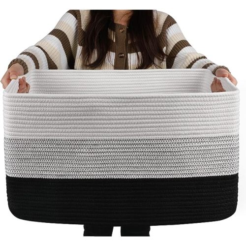 OIAHOMY Large Blanket Basket, 22”x17”x12” Rectangle Woven Baskets, Nursery Blanket Storage Living Room, Toy Storage With Handle, Large Baskets for Organizing-Gradient Black