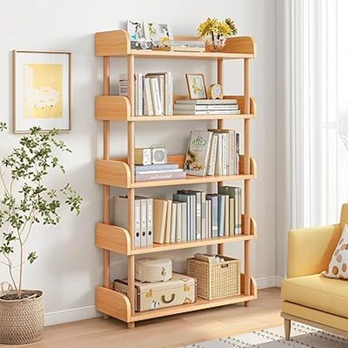 OSCHF 5-Tier Wooden Open Bookcase - Modern Display Bookshelf with Top Edge and Solid Wood Frame for Home and Office, Storage Cabinet, Oak