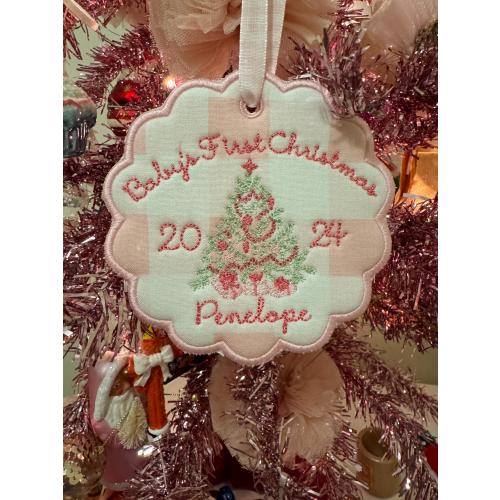 Custom Embroidered Christmas Ornament, 2025 Ornament, Scallop Stork Baby's First Christmas Ornament, Personalized pregnancy announcement