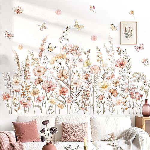 decalmile Watercolor Boho Flowers Wall Decals Wildflower Floral Grass Plants Butterfly Wall Stickers Bedroom Living Room Sofa TV Background Home Decor