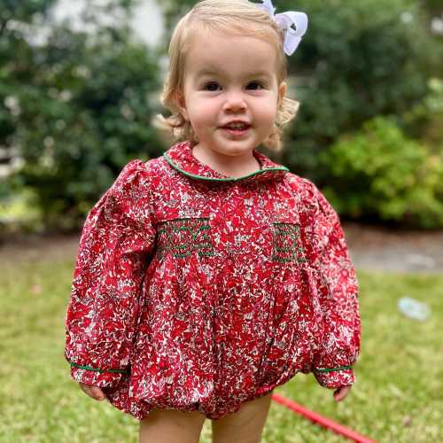 Red Floral Smocked Charlotte Bubble- Christmas Romper, Liberty London, Valentine, Fall, Sister match, Baby Girl, Heirloom, 769 *B