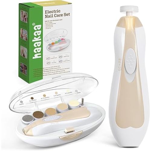 Haakaa Baby Nail File Electric Baby Nail Care Set with LED Light, Baby Nail Clippers for Newborn/Infants/Adults Toenails and Fingernails, 6 Replacement Heads & Storage Case, Acorn