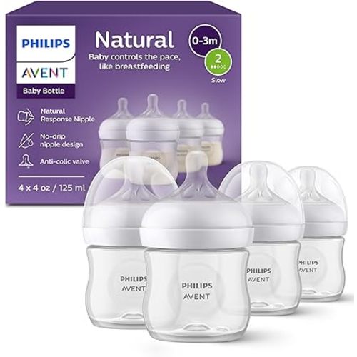 Philips Avent Natural Baby Bottles with Natural Response Nipples (Slow Flow, Flow 2), 4oz, 4-pack, SCY900/04 | Baby-Controlled Flow, No-Drip Design, Reduces Colic and Gas with Anti-Colic Valve, 4-Pack, SCY900/04