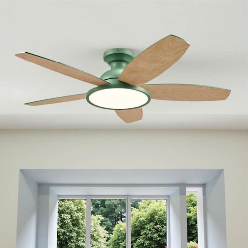 42 in. Integrated LED Green Natural Woodgrain Low Profile Flush Mount Modern Standard Ceiling Fan with Light and Remote