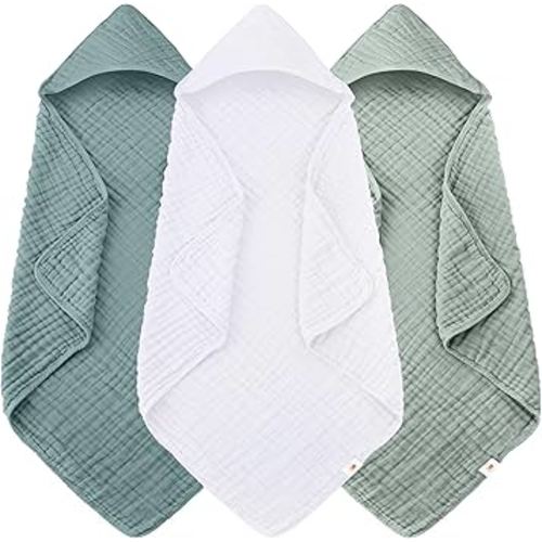 Sunny zzzZZ Muslin Hooded Baby Bath Towels - 3 Pack 100% Cotton Soft Low-Saturation Pastel Towels Including Classic White for Newborns, Infants, Toddlers - 32x32 Inch - Light Emerald and White