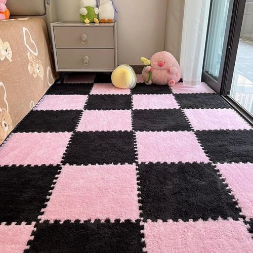 12pcs Carpet Squares Puzzle Floor Mat, Plush Interlocking Carpet Tiles, Anti Slip EVA Foam Jigsaw Floor Tiles, Build A Safe Area for Bedroom Playroom (Grey+Black)