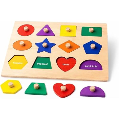 LiKee Wooden Shape Peg Puzzle Board, Educational Geometric Learning Board with Knobs