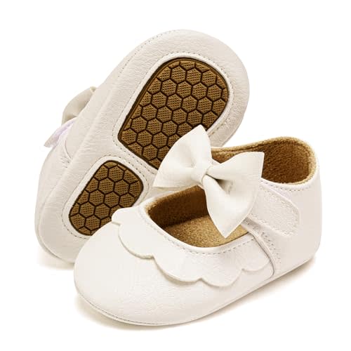 VIFUUR Baby Girls Mary Jane Flats, Bowknot Soft Sole Pre Walker Shoes | Non-slip, thin rubber outsole, adjustable hook and loop, infant toddler, first walker dress shoes