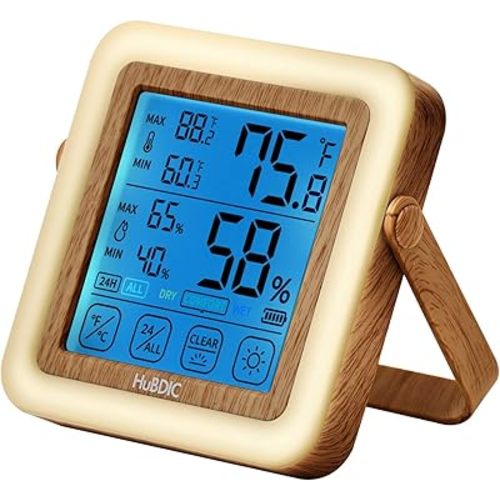 HuBDIC HubiBaby Digital Hygrometer Indoor Thermometer Humidity Meter Room Thermometer, Humidity Monitor for Home, Bedroom, Baby Room, Office, Greenhouse, Cellar, Portable Nightlight (Light Wood)