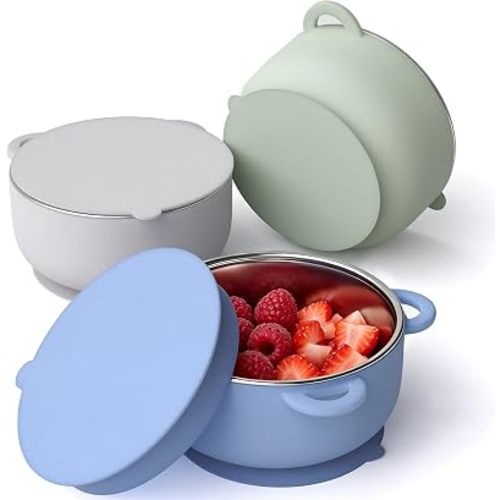 Bakpoco 2-in-1 Stainless Steel Baby Bowls, Leak-Proof Lids & Suction Silicone Bowl, 13.5oz Toddler Bowls Kids Food Snack Containers Self Feeding Essentials, 3Pack Soft Meadow