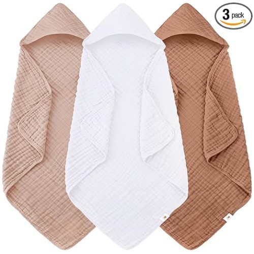 Sunny zzzZZ Muslin Hooded Baby Bath Towels - 3 Pack 100% Cotton Soft Low-Saturation Pastel Towels Including Classic White for Newborns, Infants, Toddlers - 32x32 Inch - Light Bean Paste and White