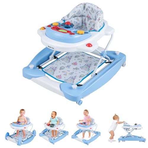 HONEY JOY Baby Walker, 6-in-1 Foldable Baby Walker and Bouncer Combo, Infant Activity Walker with Wheels, Adjustable Heights, Rocker, Music, Lights, Walker for Baby Boy Girl 7-14 Months (Blue)