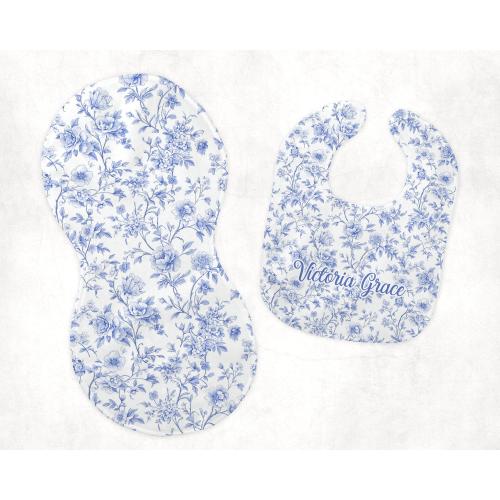 Blue Toile Bib and Burp Cloth, Personalized Floral Baby Girl Bib, Coquette Floral Peanut Cloth, Custom Baby Gift Set