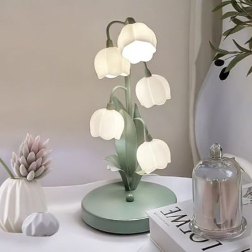 Angel Sar Green Flower Table Lamp, 5-Lily Vintage Design, 3-Color Modes, G4 Bulb Included, for Bedside/Living Room/Office, Ready to Use