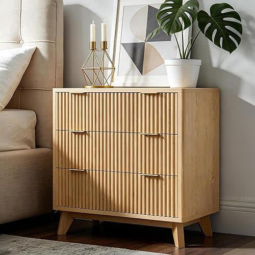32” Tall Nightstands with Fast Charging Station, 32” Wide Fluted Night Stand with 3 Large Drawers, Modern End Table Beside Table for Bedroom, Curved Profile Design, Natural