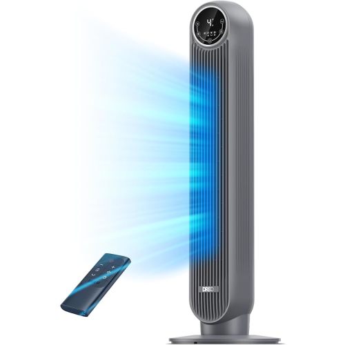 DREO Tower Fan for Bedroom, 25ft/s Velocity Quiet Floor Fan, 90° Oscillating Fans for Indoors with 4 Speeds, 4 Modes, 8H Timer, Bladeless Fan, Standing Fans, Grey, Tower Fan 307 (DR-HTF007)