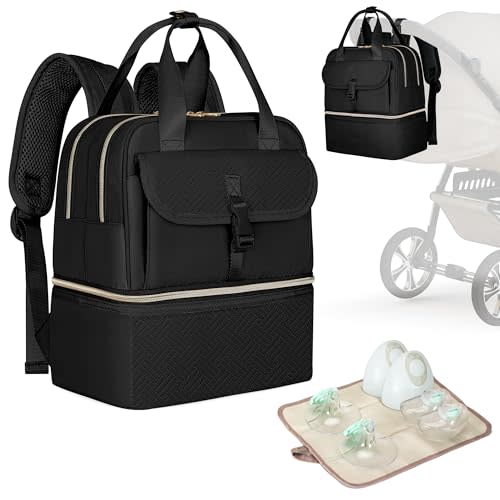 Fasrom Wearable Breast Pump Bag with Cooler Compartment, Compatible with Momcozy, Medela and Elvie Hands Free Pumps, Pumping Travel Bag with Waterproof Mat, Black (Bag Only)