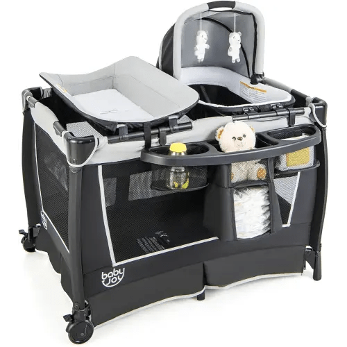 BABY JOY 4 in 1 Pack and Play, Portable Infant Bassinet w/Bassinet & Diaper Changing Table, Nursery Center Baby Playard with Toys & Music & Oxford Bag for Baby Toddlers (Dark Grey, Classic)