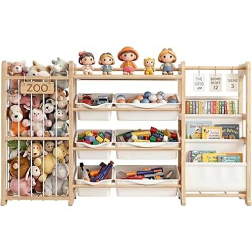 3-in-1 Toy Storage Organizer, Stuffed Animal Storage with 3-Tier Bookshelf & 6 Storage Bins, Kids Playroom Organization, Toy Holder for Toddler Room, Nursery, Bedroom Decor
