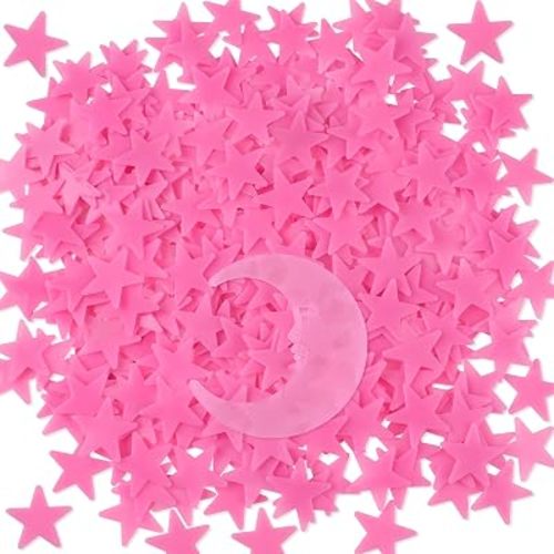 LiveGallery 200 Pcs Glow in The Dark Stars and Moon Wall Stickers – DIY Glowing Star Decals for Kids Bedroom, Ceiling, Nursery, Classroom Decor – Easy to Apply & Remove, Safe for Children (Pink)