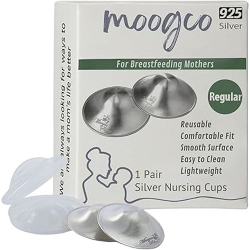MOOGCO The Original Silver Nursing Cups - 925k Silver Nipple Cups - Nipple Shields for Breastfeeding Newborn – Protective Silver Nipple Covers for Nursing Moms (925k Regular)