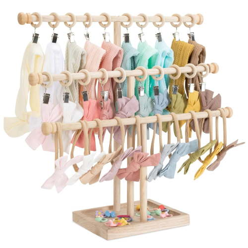 LQSEO Headband Holder Stand Storage for Baby, 3 Tier Wooden Bow Organizer for Girls Hair Bows, Infant Hair Accessories Rack Display for Nursery Decor, Sturdy Bow Holder