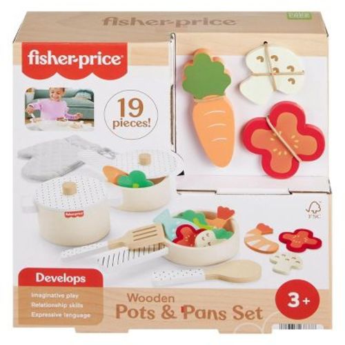 Fisher-Price Wood Kitchen Pretend Play Toy Pots & Pans Set, 19-Piece Playset Wooden, Metal & Fabric for Preschool Kids Ages 3+ Years