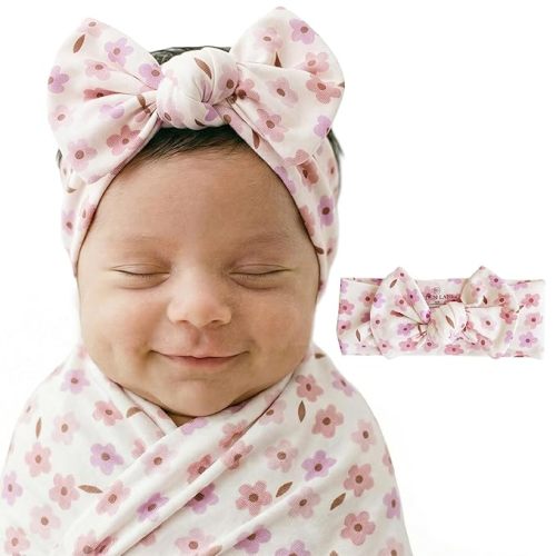 Caden Lane Baby Headwrap with Knotted Bow, Soft & Stretchy Bamboo Viscose, Comfortable Infant Hairband for Newborn & Toddler Girls, Ideal Gift for Baby Shower & Milestone Celebration, Blushing Blooms