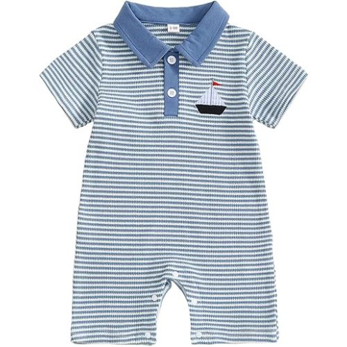 Newborn Outfits Baby Boy Clothes Summer Short Sleeve Waffle Knit Collared Sailboat Embroidery Romper Jumpsuit