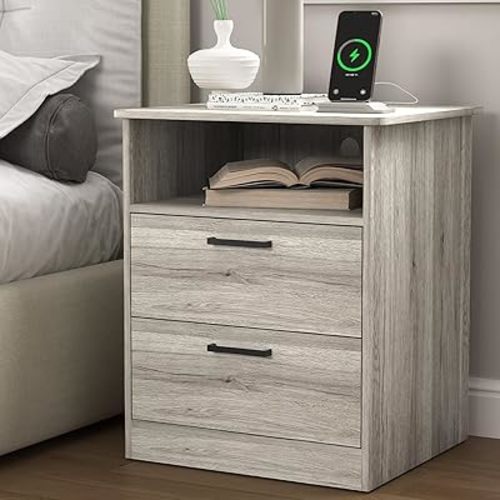 Night Stand with Charger Station, Modern Nightstand with USB Type-C Ports and AC Outlets, Large Bedside Table with 2 Drawers and Open Storage, Wooden End Table for Bedroom (Grey, 2 Drawers)
