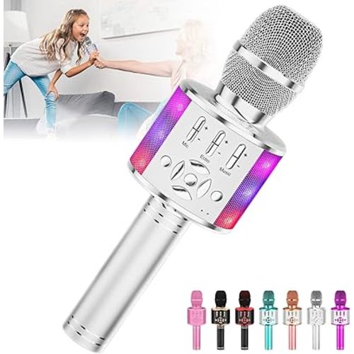 Amazmic Kids Karaoke Microphone Machine Toy Bluetooth Microphone Portable Wireless Karaoke Machine Handheld with LED Lights, Gift for Children Adults Birthday Party, Home KTV(Silver)